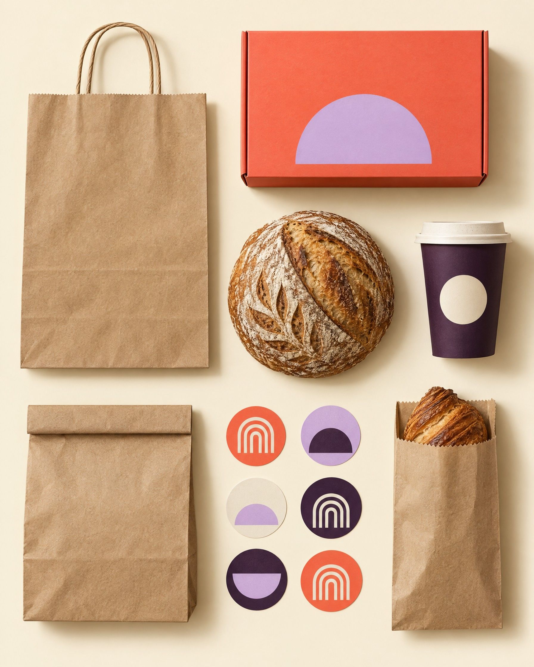 A flat lay of kraft paper bags, a coral box with a lilac half circle, an aubergine coffee cup, a sourdough loaf and round stickers with arch shapes.