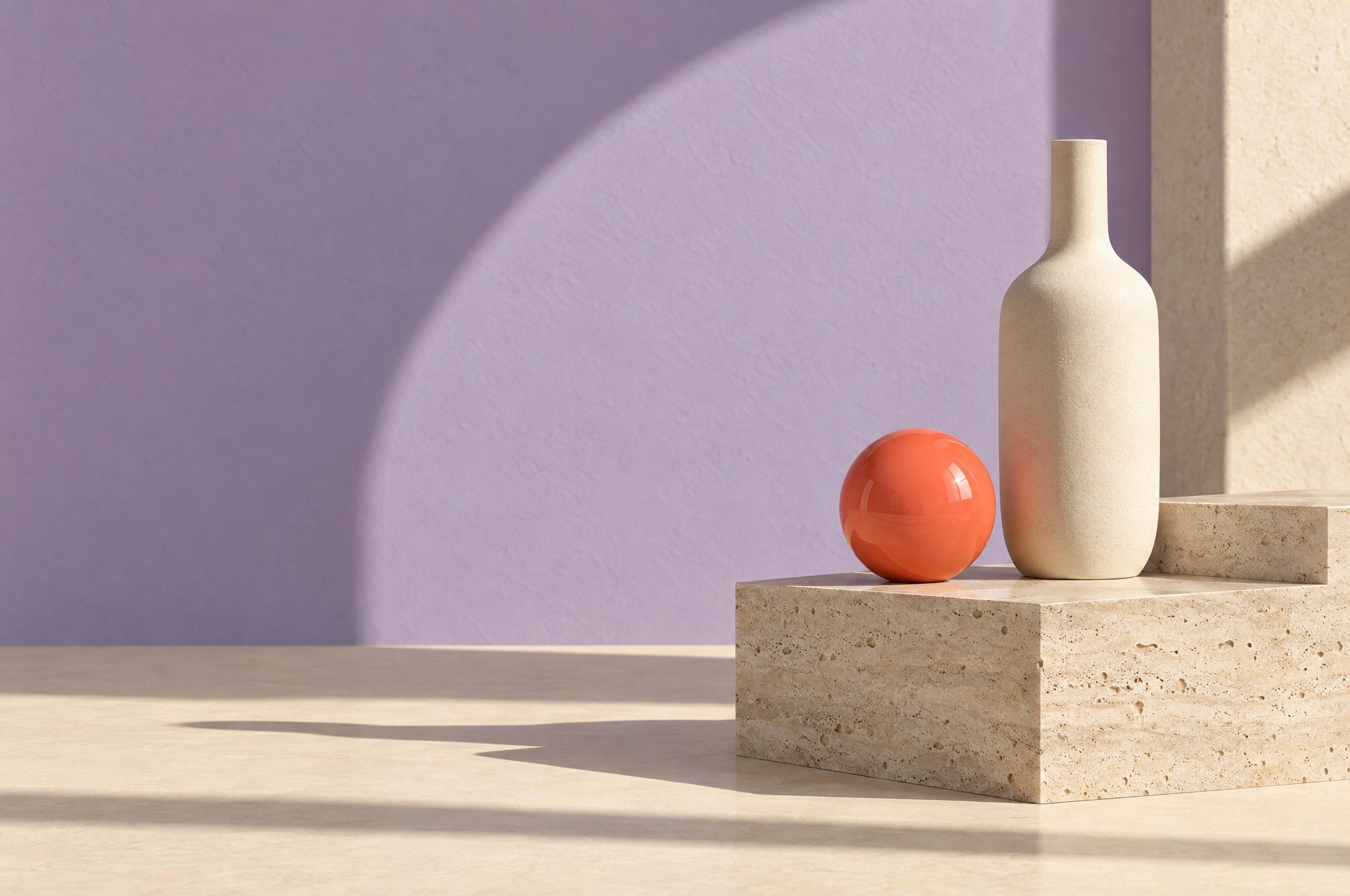 A matte cream ceramic bottle and a glossy coral sphere on stepped travertine in hard sunlight, against a lilac wall with an arch-shaped shadow.